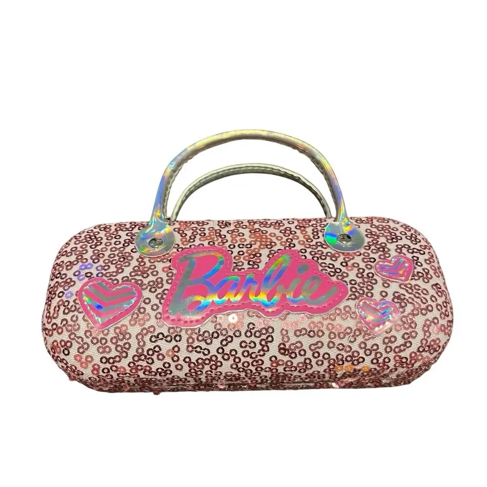 Barbie Pink Sequin Hard Shell Eyeglasses Case Purse Kids Holographic Hearts